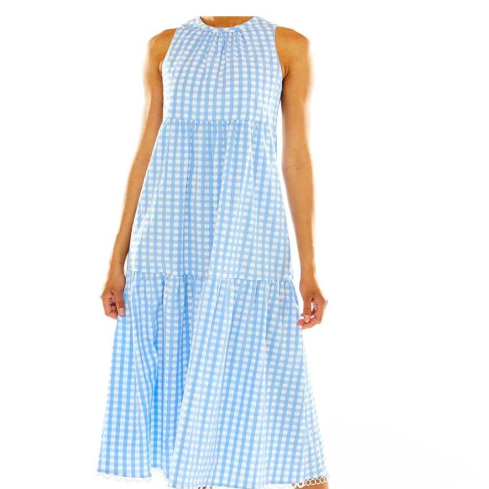 Sara Campbell Blue and White Gingham Tiered Midi Dress